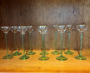 #107 Lot Of 10 Gold Rimmed Cordial Glasses/Green Glass Stems 6'T