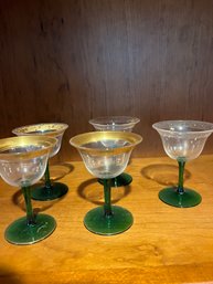 #117 Lot Of 5 Gold Rim Wine Glasses W/Green Stems