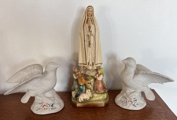 Vintage Our Lady Of Fatima Statue 10' & Pair Of Vintage Ceramic Christmas Doves 5.5' Each