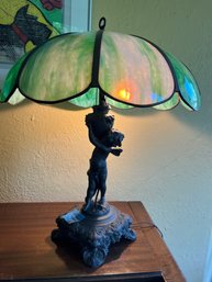 Stunning Antique Heavy Bronze Cherub Lamp With Green Stained Glass Shade - LRZ5
