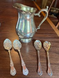 4 Ornate Silver Plate Serving Utensils Barker Bros, Sheffield England, Etc  And Water Pitcher- D15D