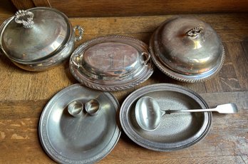 3 Covered Silver Plate Serving Dishes And Pewter Plates, Bowl, Etc - D15E