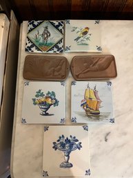 5 Vintage Tiles And Two Decorative Clay Molds -Large Pantry - KP2E