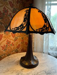 Antique 8 Panel Glass Slag Lamp With Pottery Base - LV1