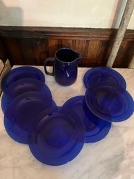 Getz Pitcher And Eight Cobalt Blue Plates -kP2S