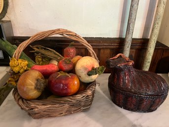 Old Faux Fruit In Wicker Basket And Straw Oxen Basket -KP2V
