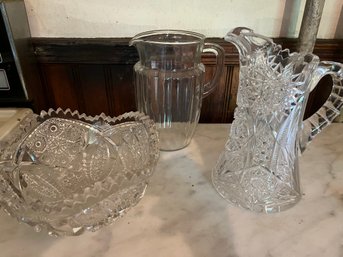 Two Pitchers One Cut Glass And Cut Glass Bowl -3