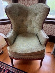 1920-30s Pretty Apple Green Brocade Winged Back Chair With Decorative Legs - LV11