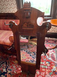 Antique Eastlake Wooden Mirror With 5 Hat Hooks - LV12