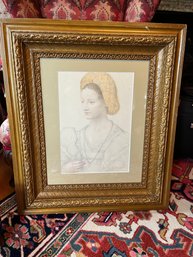 Large Antique Wide Gold Framed Print Of A Woman - LV13