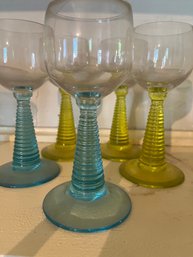 Five 1900s - 1920s Green And Blue Stemmed Glasses -