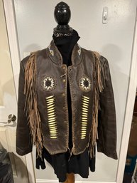 Brown Fringed Leather Riding Jacket Beaded Well Worn - Size Med