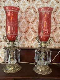 Pair Of Electric Cranberry Etched Glass Mantle Lamps With Hanging Crystals - LV18