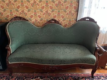 Antique Rosewood Settee With Emerald Green Brocade Fabric - LV21