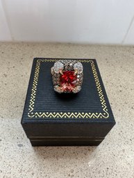 14k Yellow Gold Square Cocktail Ring Burnt Orange Gem Surrounded By Colored Diamonds & Diamonds - CP1