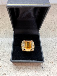 14 Yellow Gold Large Ring W/ Rectangular Orange Sapphire & 8 Diamonds - CP3