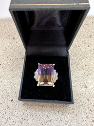 14k White Gold Emerald Cut Bi Colored Purple & Gold Gem Stone Ring With Diamonds - CP4