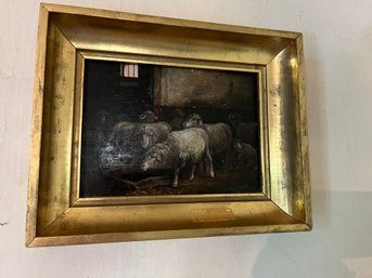 Sheep Oil On Board Painting In Gold Gilt Frame, Unsigned - K6