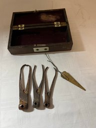 Lot Of 3 Antique Bullet Molds & Wood Box