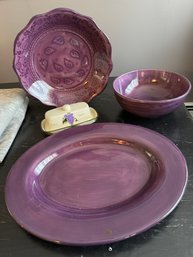 Lot Of 4 Tabletops Unlimited Hand Painted 18 1/2' Platter, Serving Bowl &  10 1/2' Bowl, Grape Butter Dish