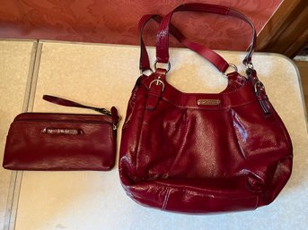 Coach Red Patent Leather Shoulder Bag With Coach Wristlet/ Wallet - P3