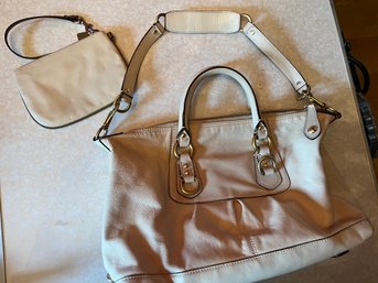 Coach Cream Leather Handbag With Handles & Long Shoulder Strap Plus Coach Cream Wristlet - P7