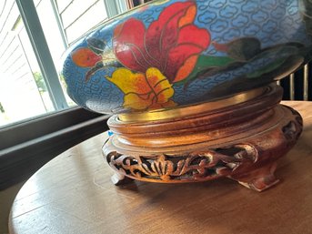 Vintage Blue Cloisonne Bowl On Rosewood Stand - BD3 - 7