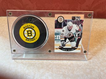 Bruins Chris Nilan Signed Hockey Puck With Pro Set Card In Acrylic Frame - LV41
