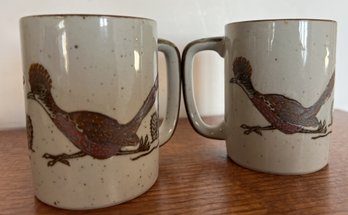 Pair (2) Two Vintage Otagiri Roadrunner Bird Mugs Cup Speckled Stoneware Cactus Desert Japan 4' Tall