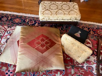 3 Large Antique Silk Pillows 1 Brocade Pillow & Charming Needlepoint Stool - LV33