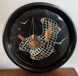 Vintage Hand Painted Black Metal Tray Fishing Nautical Theme Net Seagulls 14.25'