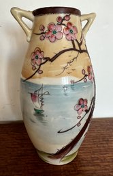 Vintage Japanese Double Handled Hand Painted Urn Vase Cherry Blossoms 7.5'