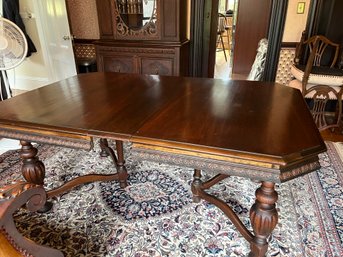 Antique Mahogany Dining Table With Carved Skirt And Wide Legs - D