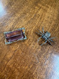 Pair Of Brooches: Spider And Purple Stone - C3