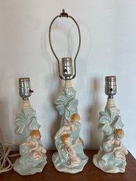 Set (3) Three Vintage Angel Figural Porcelain Lamps With Blue Bows Electric - ALL TESTED AND WORK