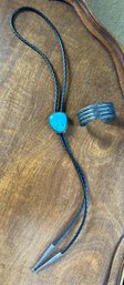 Turquoise And Sterling Bolo Tie With Leather And Cuff Bracelet - C6
