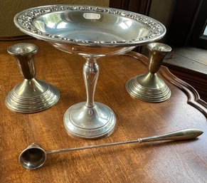 Sterling Silver Weighted Tall Dish, Candlestick Holders & Sterling Snuffer- DR17