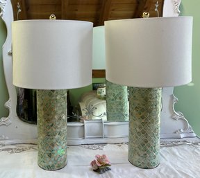 Pair Of Iridescent Mosaic Stone Lamps Mother Of Pearl Ocean Sea Glass Blues And Greens 26' Tall