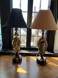 Pair Of Antique Husband And Wife Asian Couple Lamps - 3