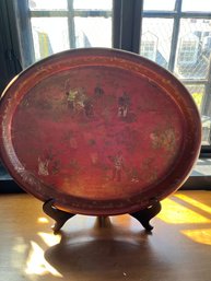 Antique Red And Gold Painted Asian Scene On Metal Tray - 5
