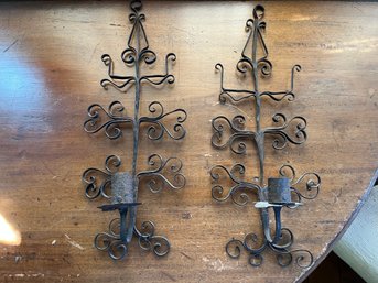 Two Antique 16inch Wrought Iron Wall Sconce Candle Holders - 7