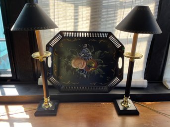3 Piece Lot - Two Black And Gold Buffet Lamps And Coordinating Hand Painted Metal Tray - 12