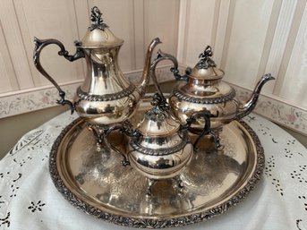 Vintage Silver On Copper Tea Pot, Coffee Pot, Sugar Bowl British Hallmark Crown S Shield W/ Tray - DR2