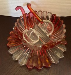 Vintage Cranberry And Clear Glass Divided Bowl With Matching Plate And  Original Spoons - DR8