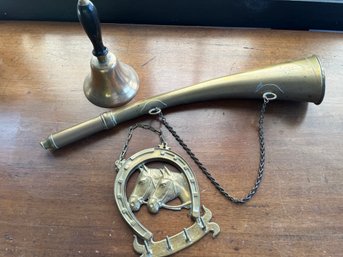3 Piece Brass Lot - Horseshoe Key Holder, Call To Hunt Horn And Bell - 55