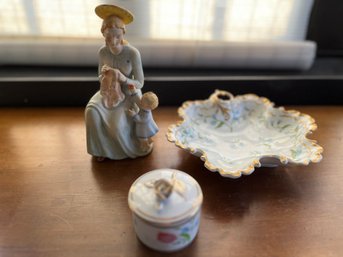3 Ceramic Items - Signed Small Plate, Madonna And Child Figure , And Trinket Box - 57