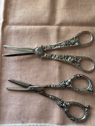 Sterling Silver Antique Grape Scissors & Pair Of Antique Ornate Scissors - DR19
