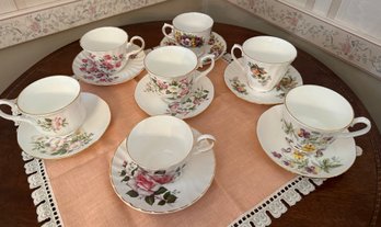 7 Bone Chine Tea Cups And Saucers: Regency, Duchess, Royal Court - DR31