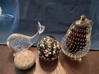 4 Glass Paper Weights: Murano, Hand Blown, Pear, Whale - DR34