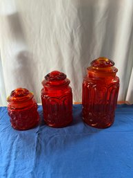 #979 Lot Of 3 Vintage  Le Smith Moon And Stars Amberrina 3 Piece Canister Set - Rare
